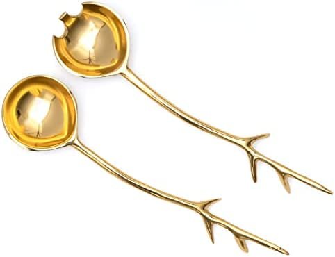 Twig Salad Servers Brass & Stainless Steel, Fork & Spoon Set Leaf Design, Two Tone Ideal for Weddings, Dinner, Elegant Flatware, Housewarming, Stainless Steel Mirror Polished - Image 4