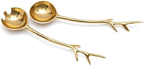 Twig Salad Servers Brass & Stainless Steel, Fork & Spoon Set Leaf Design, Two Tone Ideal for Weddings, Dinner, Elegant Flatware, Housewarming, Stainless Steel Mirror Polished - Image 3
