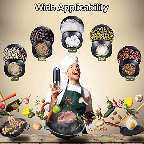 Gravity Electric Pepper and Salt Grinder Set, Adjustable Coarseness, Battery Powered with LED Light, One Hand Automatic Operation, Stainless Steel Black, 2 Pack - Image 5