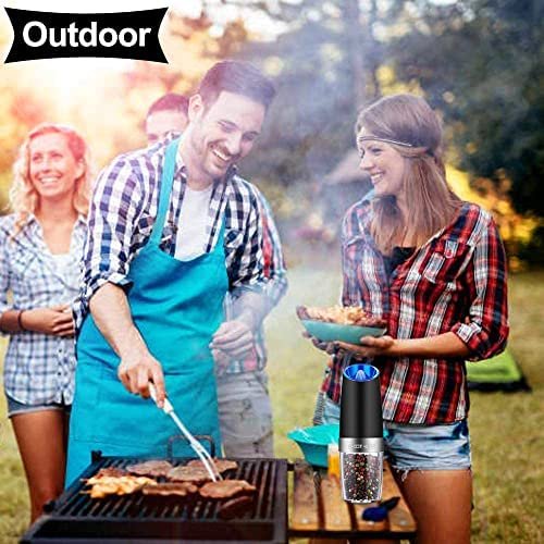 Gravity Electric Pepper and Salt Grinder Set, Adjustable Coarseness, Battery Powered with LED Light, One Hand Automatic Operation, Stainless Steel Black, 2 Pack - Image 9