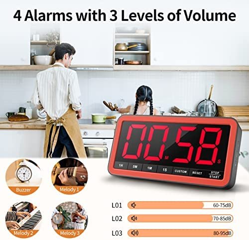 VOCOO Digital Kitchen Timer with 7.8” Extra Large Display, Magnetic LED Timer with 3 Brightness, 4 Alarms and 3 Volume Levels, Battery Powered Countdown Count Up Timer for Cooking, Classroom, Home Gym - Image 5