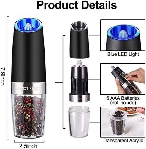 Gravity Electric Pepper and Salt Grinder Set, Adjustable Coarseness, Battery Powered with LED Light, One Hand Automatic Operation, Stainless Steel Black, 2 Pack - Image 6