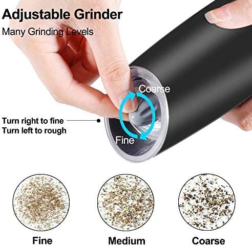 Gravity Electric Pepper and Salt Grinder Set, Adjustable Coarseness, Battery Powered with LED Light, One Hand Automatic Operation, Stainless Steel Black, 2 Pack - Image 4