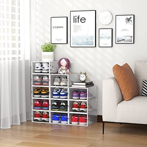 SESENO. 12 Pack Shoe Storage Boxes, Clear Plastic Stackable Shoe Organizer Bins, Drawer Type Front Opening Shoe Holder Containers - Image 7