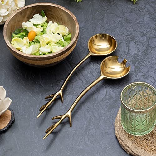 Twig Salad Servers Brass & Stainless Steel, Fork & Spoon Set Leaf Design, Two Tone Ideal for Weddings, Dinner, Elegant Flatware, Housewarming, Stainless Steel Mirror Polished - Image 5