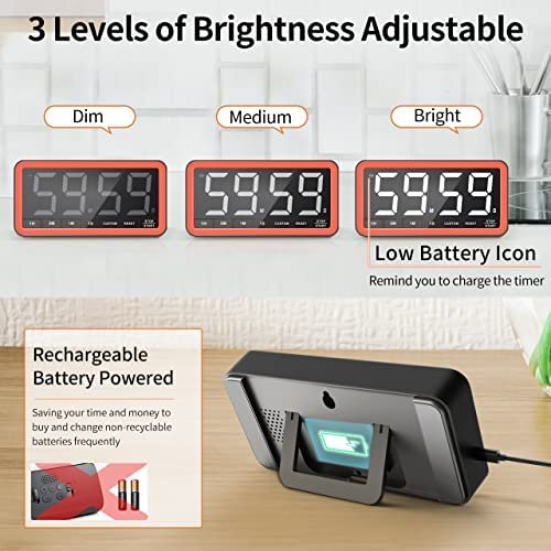 VOCOO Digital Kitchen Timer with 7.8” Extra Large Display, Magnetic LED Timer with 3 Brightness, 4 Alarms and 3 Volume Levels, Battery Powered Countdown Count Up Timer for Cooking, Classroom, Home Gym - Image 6