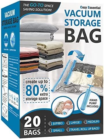 20 Pack Vacuum Storage Bags, Space Saver Bags (4 Jumbo/4 Large/4 Medium/4 Small/4 Roll) Compression Storage Bags for Comforters and Blankets, Vacuum Sealer Bags for Clothes Storage, Hand Pump Included - Image 2