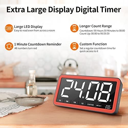 VOCOO Digital Kitchen Timer with 7.8” Extra Large Display, Magnetic LED Timer with 3 Brightness, 4 Alarms and 3 Volume Levels, Battery Powered Countdown Count Up Timer for Cooking, Classroom, Home Gym - Image 3