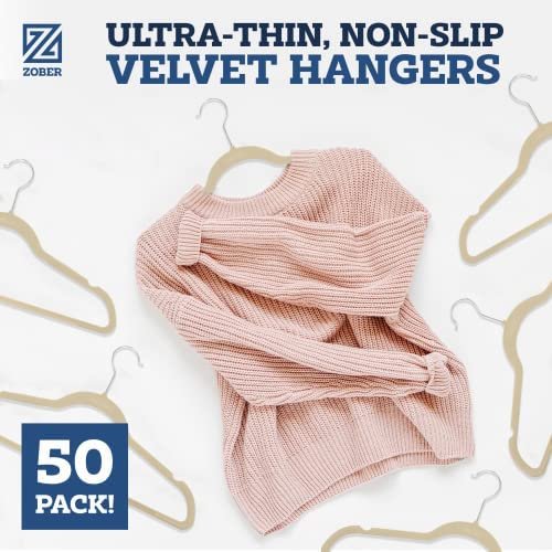 Zober Velvet Hangers 50 Pack - Ivory Hangers for Coats, Pants & Dress Clothes - Non Slip Clothes Hanger Set w/ 360 Degree Swivel, Holds up to 10 lbs - Strong Felt Hangers for Clothing - Image 3