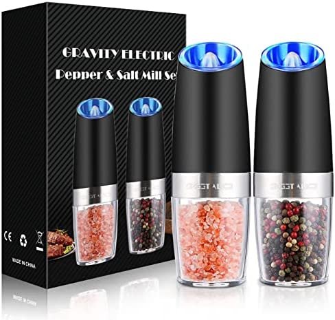 Gravity Electric Pepper and Salt Grinder Set, Adjustable Coarseness, Battery Powered with LED Light, One Hand Automatic Operation, Stainless Steel Black, 2 Pack - Image 2