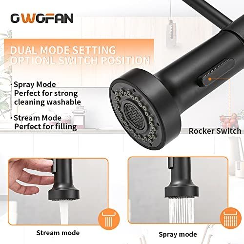 OWOFAN Black Kitchen Faucet with Pull Down Sprayer Stainless Steel Single Handle Pull Out Spring Sink Faucets 1 Hole Or 3 Hole Dual Function for Farmhouse Camper Laundry Utility Rv Wet Bar - Image 6