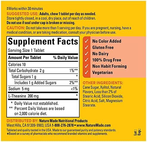 Nature Made Chewable L Theanine 200mg, L-Theanine Supplement for Stress Relief, 50 Chewable Tablets, 50 Day Supply - Image 7